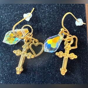Vintage Gold Tone Cross and Heart Earrings with Crystal Charms Pierced